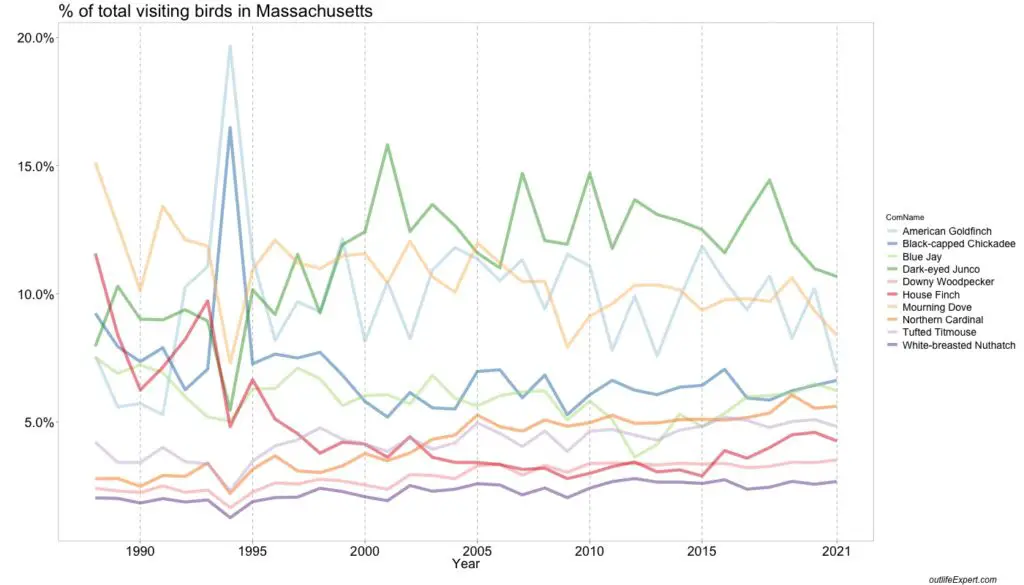 The number of observations for the top 10 most common birds in backyards of Massachusetts from 1988 to 2021.