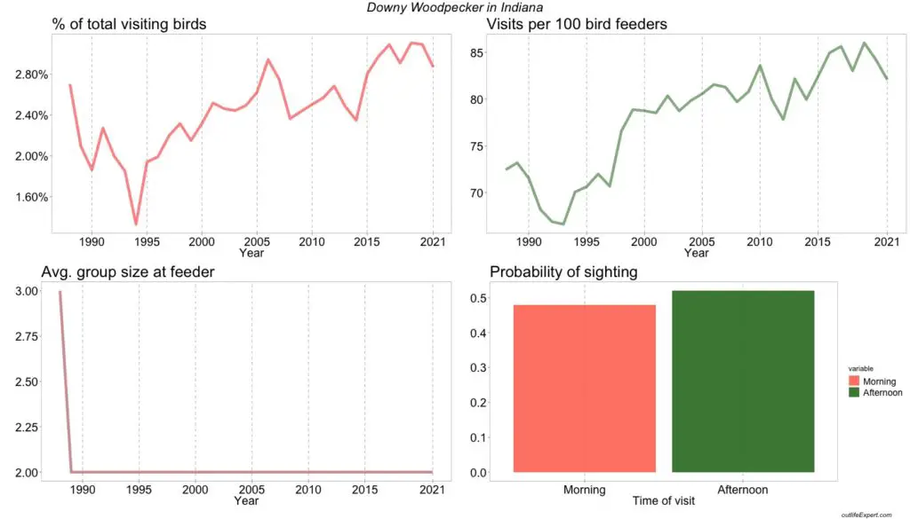 The figure shows the development in the number of Downy Woodpeckers visiting bird feeders in Indiana backyards from 1988 to 2020. 
