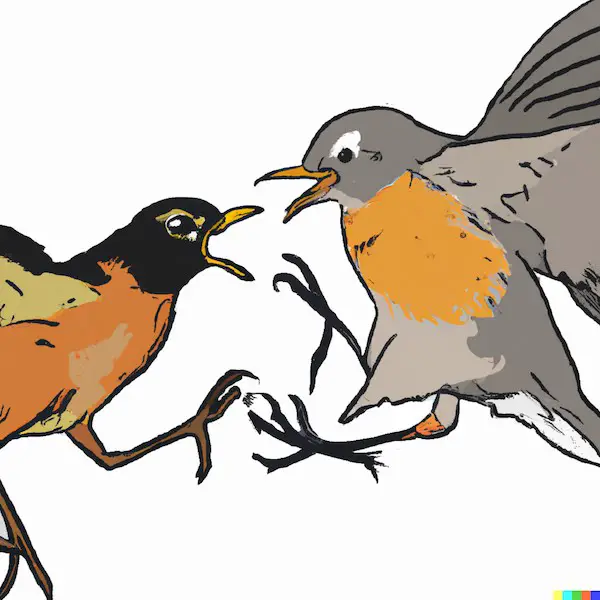 Two american robins fighting.