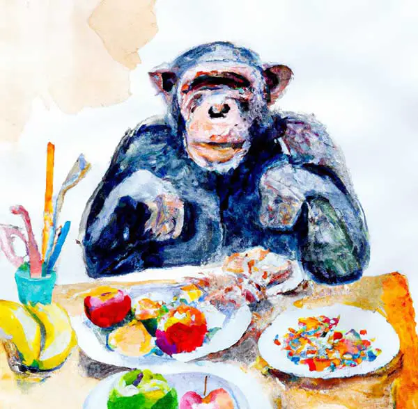 Painting of a Chimpanzees Eating at a table